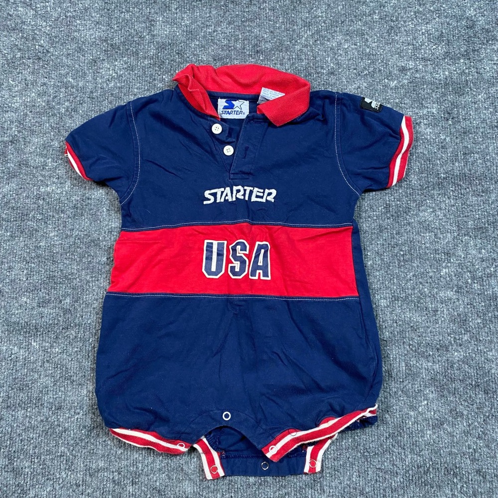 Starter USA Vintage Baby Romper Navy Blue Red Polo One-Piece 18 Months